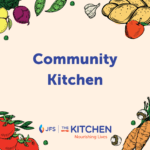 Peach background surrounded by illustrated fruits and vegetables. Text in the centre reads: Community Kitchen. At the bottom are the JFS and JFS the Kitchen logos.